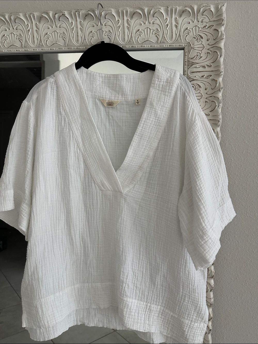 Faherty White Cotton Gauze V-Neck Top